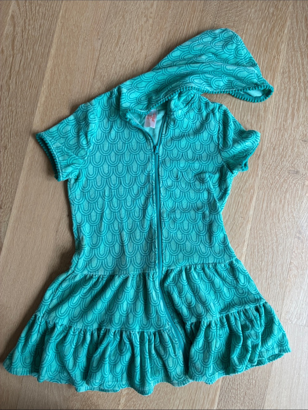 Girls' Hooded Zip Dress in Teal Scallop Print terry beach, swim coverup